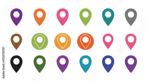 Collection of colorful location markers on a white background.