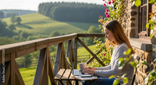 Young woman working on laptop on a balcony overlooking a scenic landscape. Remote work concept or digital nomad lifestyle.