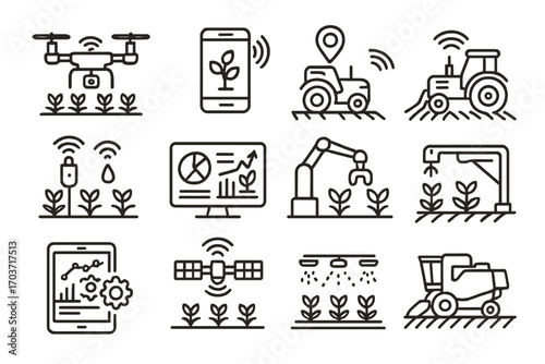 Boost your farming initiatives using the Precision Agriculture Icon Set, showcasing the newest developments in agri‑tech—ideal for agritech firms, designers, and more