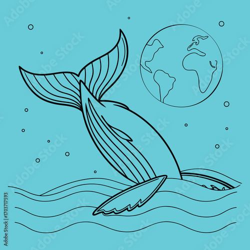 Vector illustration of whale tail breaching above ocean waves near planet earth
