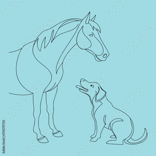 Line art horse and dog side by side vector illustration scalable for various uses