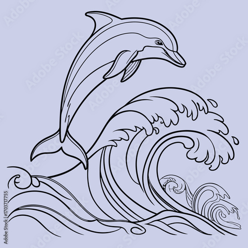 Elegant line art dolphin jumping over stylized ocean waves vector illustration