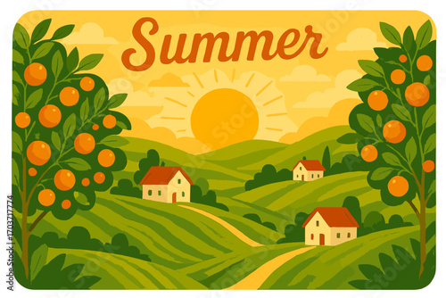 A vector illustration of a rural landscape featuring villages and an orchard with orange branches in the foreground