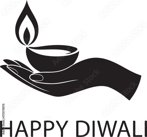This black and white image depicts an open hand holding a diya, a traditional oil lamp, with a flame burning brightly. Below the hand and diya, the words "HAPPY DIWALI" are written in bold, 