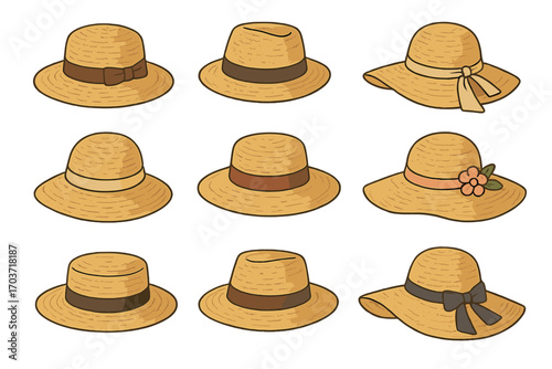 Farmers' gardening hats, Asian Japanese hats, and a female straw cap—yellow beach head accessory and summer traditional rural agricultural headdress—stand alone on a white background
