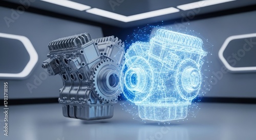 Futuristic automotive engineering concept showcasing the digital twin of a V8 engine as a holographic wireframe