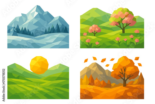 A collection of flat vector illustrations depicting seasons, mountain scenes for winter, spring, autumn, and summer, along with abstract geometric and triangular backgrounds