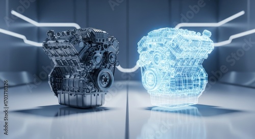 Futuristic automotive technology concept showing a physical car engine and its digital twin holographic counterpart for advanced engineering