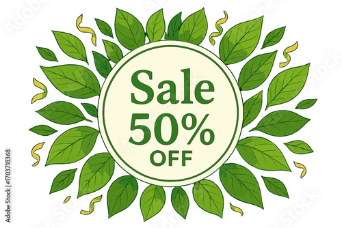 Contemporary spring banner available featuring airborne green leaves within a circular frame, set against a summer backdrop, showcasing a natural eco theme, business-oriented seasonal promotion