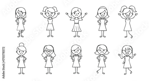 Cartoon illustrations of diverse female figures displaying various emotions and poses.