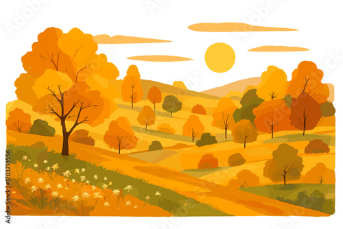 A fantastical autumn countryside panorama featuring farm fields, mountains, wild grass, and yellow leaves drifting from trees, creating a wonderland-like landscape