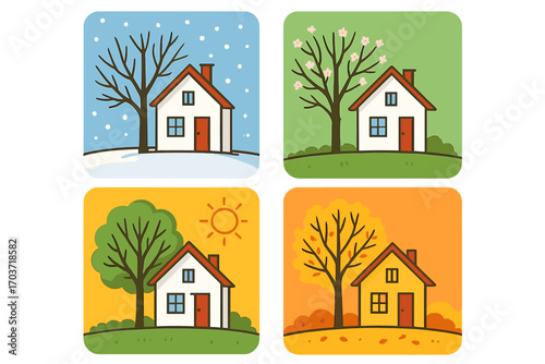 Photo-realistic vector illustration of a house and nature across four seasons