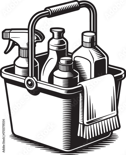 Cleaning Supplies Caddy Vector Illustration - Cleaning Products, Sprays, and Cleaning Tools