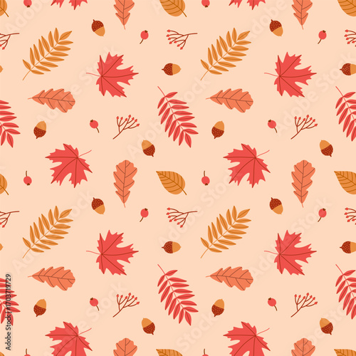 Seamless pattern with autumn leaves, acorns and oak leaves. Perfect background for wallpaper, gift paper, pattern fills, textile, fall greeting cards. Vector illustration	