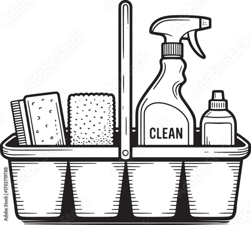 Detailed Illustration of a Cleaning Caddy for Housekeeping and Sanitation Projects and Designs