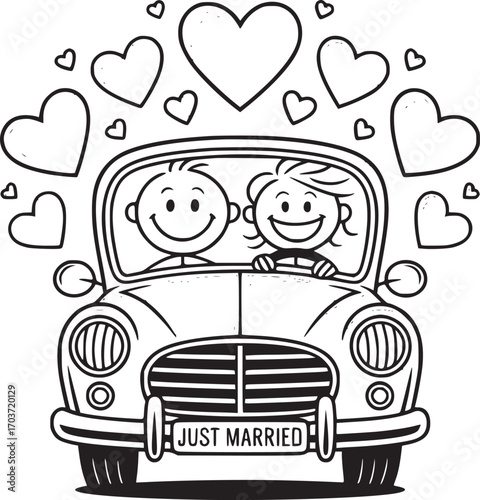 Wedding Ride: A charming illustration portrays a newlywed couple happily driving away in a vintage car, surrounded by floating hearts, perfect for symbolizing new beginnings and enduring love.