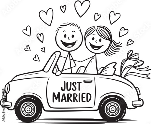 Wedding Day Bliss: Two stick figures celebrate their new marriage in a classic convertible car, with heart shapes fluttering around them to symbolize love and togetherness.