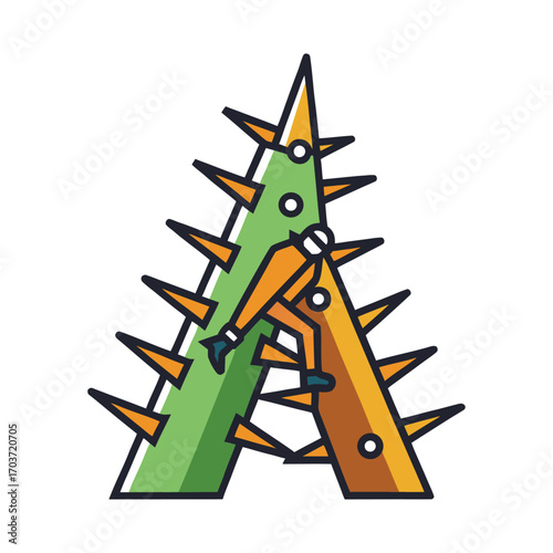 Man climbing a sharp spiky letter a symbolizing difficulty and challenge