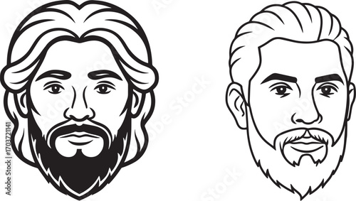 Set of Stylized line art portrait of jesus christ with long hair and beard outline vector illustration