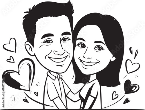 Eternal Bond: A sketch of a loving couple embracing, surrounded by hearts, captures the joy of togetherness, perfect for symbolizing love and commitment.
