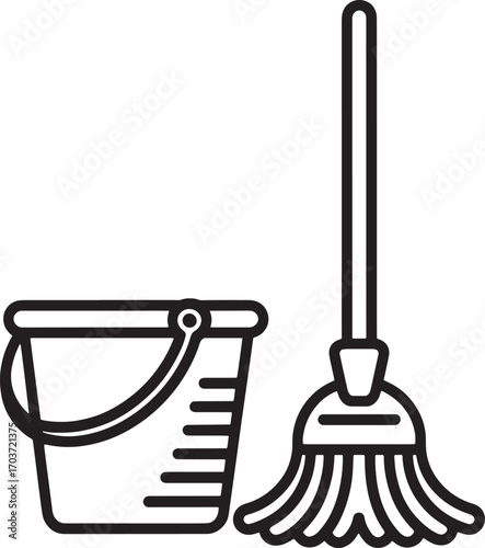 Mop and Bucket Cleaning Equipment Outline Icon Vector Illustration for Janitorial Services and Housekeeping