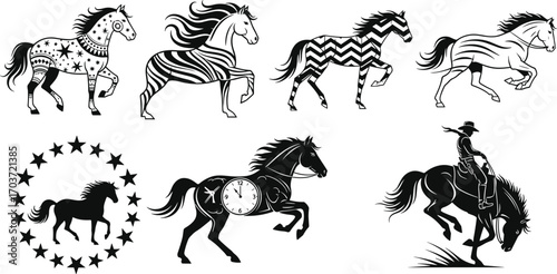 Creative stylized horse vector illustrations with patterns, celestial designs, clock elements, motion lines, and dynamic rider poses for decorative artwork