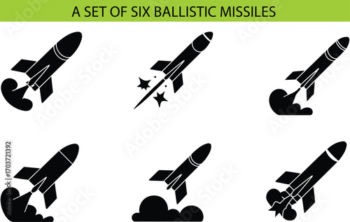A set of six ballistic missiles isolated on white background features a collection of stylized rockets in black silhouette, each poised for launch with fiery trails and dynamic propulsion effects