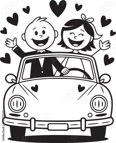 Just Married Couple Driving : A joyful stick-figure couple, radiating happiness, embarks on their marital journey, their car filled with love hearts indicating the beginning of their story.