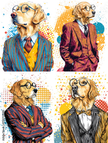 Playful pop art illustration of dogs in colorful suits and glasses, combining animal characters with fashion and modern artistic style.