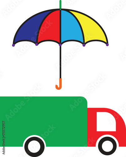 Colorful umbrella protects truck from rain delivery service concept safety concept