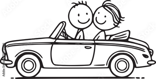 Joyride in a Convertible: A whimsical illustration portrays a couple enjoying a carefree journey in a classic convertible car, embodying freedom and adventure on the open road.