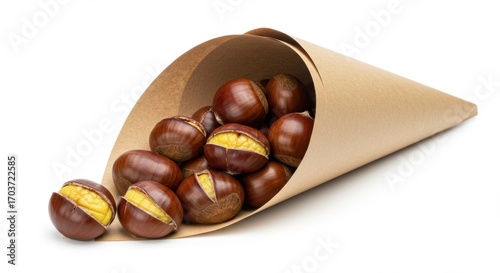 Roasted chestnuts in paper cone on white background