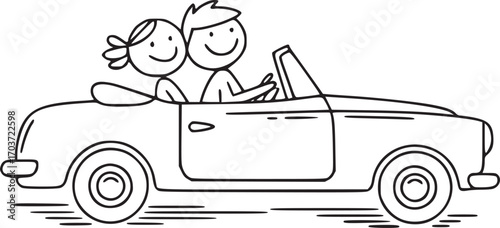 Road Trip in Silhouette: A delightful doodle captures a pair of stick figure companions in a classic convertible, embodying the excitement of travel and adventure. 