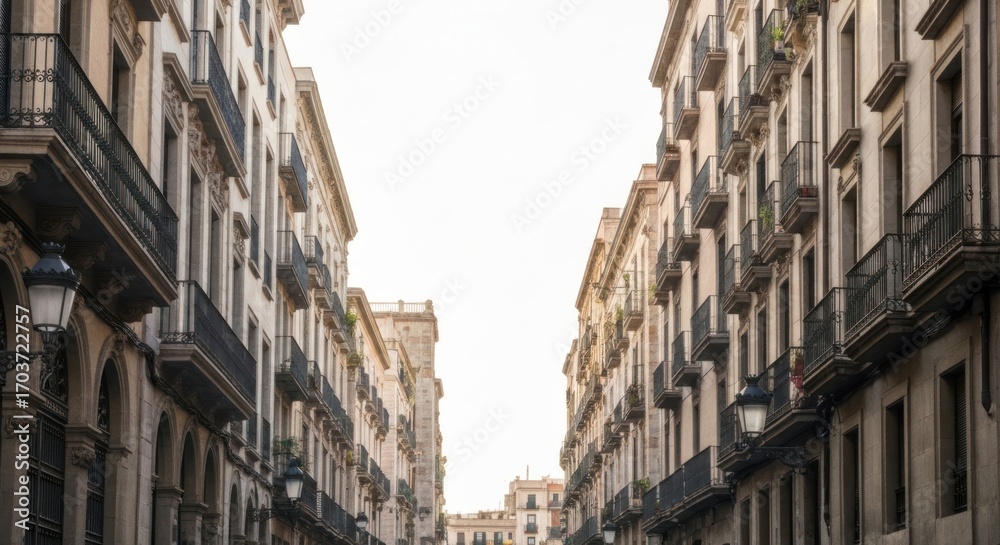 Fototapeta premium A narrow city street between tall buildings