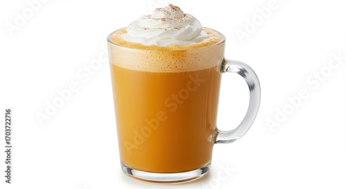 Coffee latte with whipped cream and cinnamon in a glass mug on white background
