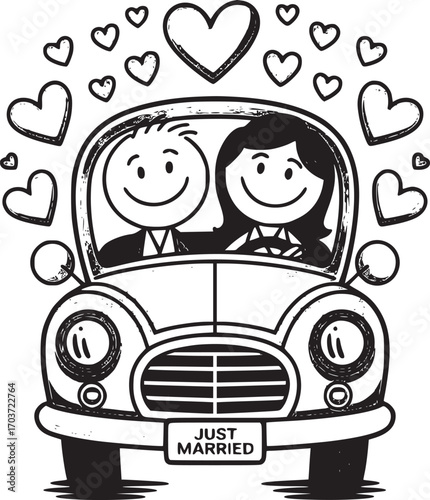 Just Married: A joyful pair embarks on their new journey together, encapsulated in a delightful, hand-drawn illustration of a car, adorned with floating hearts.