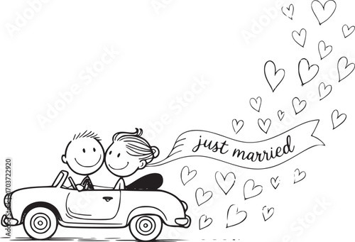 Just Married Couple in Car:  An endearing illustration depicts a newly married couple joyfully driving in a classic car, with a trail of hearts and a banner proclaiming their fresh union.