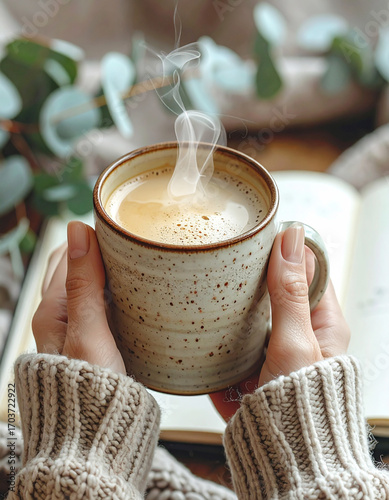 Hands holding a warm mug with steam rising