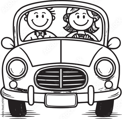 Happy Ride: A hand-drawn illustration depicts a happy couple embarking on a joyous car ride, smiling, enjoying their road trip together