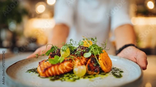 Chef presenting a plated gourmet seafood dish featuring lobster tails, leafy greens and vegetables.