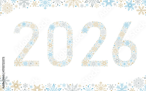 2026 Happy New Year. The year 2026 composed of intricate snowflakes surrounded by a decorative border. Holiday banner design for greeting card, invitation, calendar, or as a decorative element.