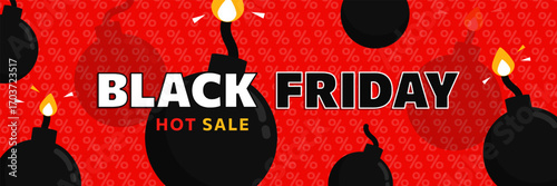Black Friday hot offers banner with cartoon bombs and fire flames on red background, explosive sale vector design in flat style for promotions.