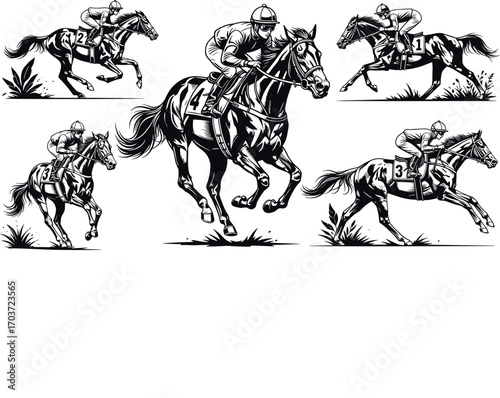Dynamic black silhouette horse racing scene with jockeys in competition, numbered thoroughbred horses galloping at speed for sports vector illustration design