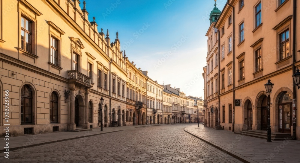 Fototapeta premium A sun-drenched European street, lined with historic buildings