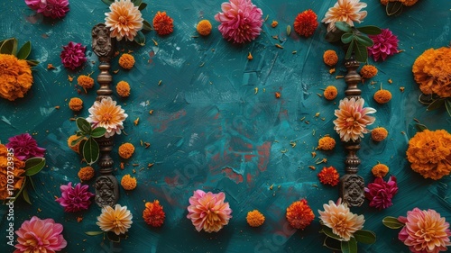 Vibrant flowers arranged in a circle on a blue background