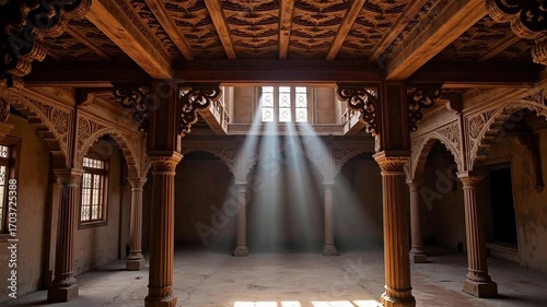 Sunlight streams through ornate architectural details of an ancient Indian palace interior, evoking a sense of history and tranquility.
