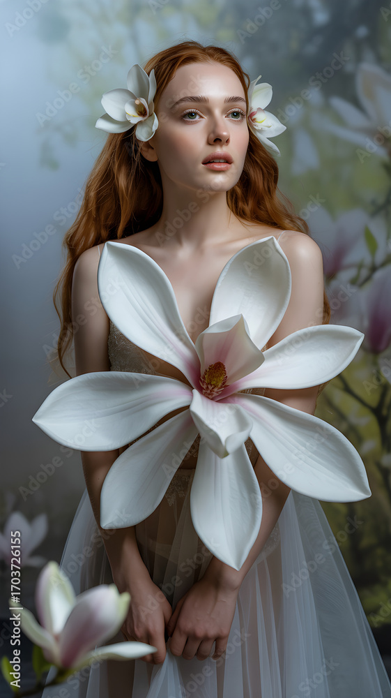 Naklejka premium Redhead model posing with magnolia flowers in artistic photoshoot