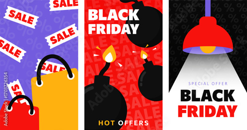 Set of 3 cartoon simple vertical banners for Black Friday SALE. Advertising posters, promo flyers with flat shopping bags, sale tickets, burning bombs with fire, and spotlight lamp. Special offer