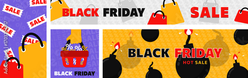 Black Friday sale banner set with shopping bags, discount baskets, cartoon burning bombs, coupons, and bold typography. Versatile wallpapers and posters for seasonal e-commerce promotions. Hot deal