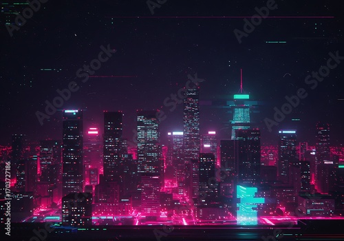 Cyberpunk City Glitch Design Background Neon Skyline Illustration